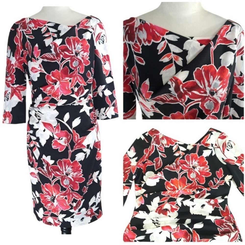 White House Black Market Floral Sheath Dress 8P‎ Red Black Ruched Waist Lined